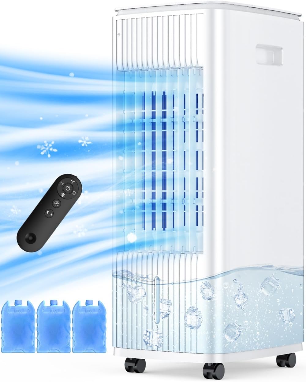 BALKO Swamp Cooler Air Conditioner w/Double Tanks, Smart Timer, 3 Ice Packs, 25-INCH Evaporative Air Cooler, 60W Windowless Air Conditioner, 70ยฐ Oscillation,3-Speed Portable Air Conditioners for Room
