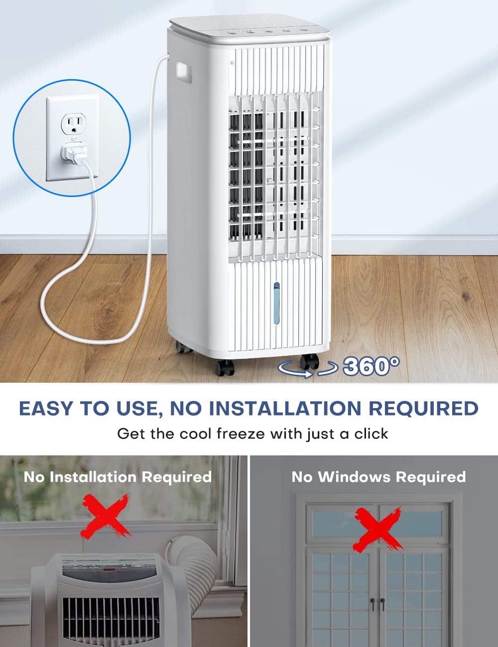 BALKO Swamp Cooler Air Conditioner w/Double Tanks, Smart Timer, 3 Ice Packs, 25-INCH Evaporative Air Cooler, 60W Windowless Air Conditioner, 70ยฐ Oscillation,3-Speed Portable Air Conditioners for Room