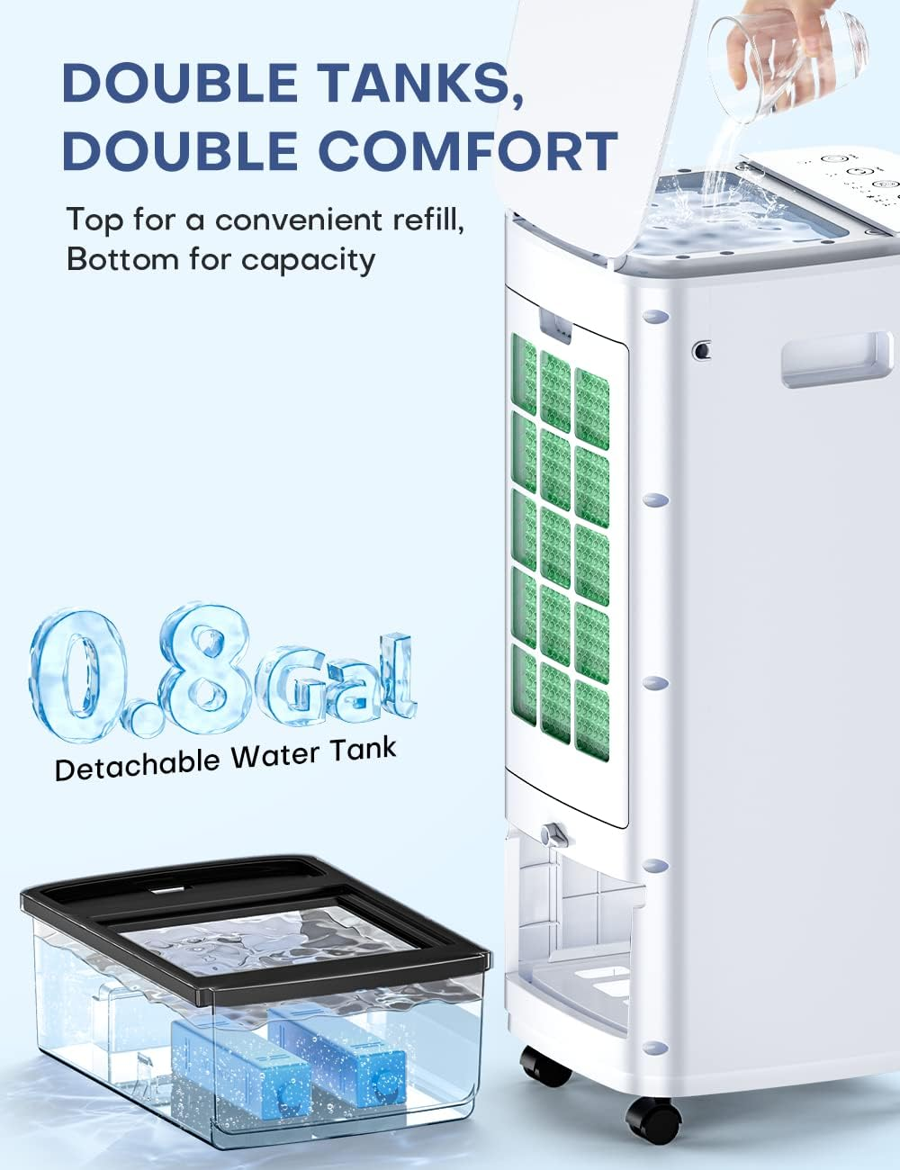 BALKO Swamp Cooler Air Conditioner w/Double Tanks, Smart Timer, 3 Ice Packs, 25-INCH Evaporative Air Cooler, 60W Windowless Air Conditioner, 70ยฐ Oscillation,3-Speed Portable Air Conditioners for Room