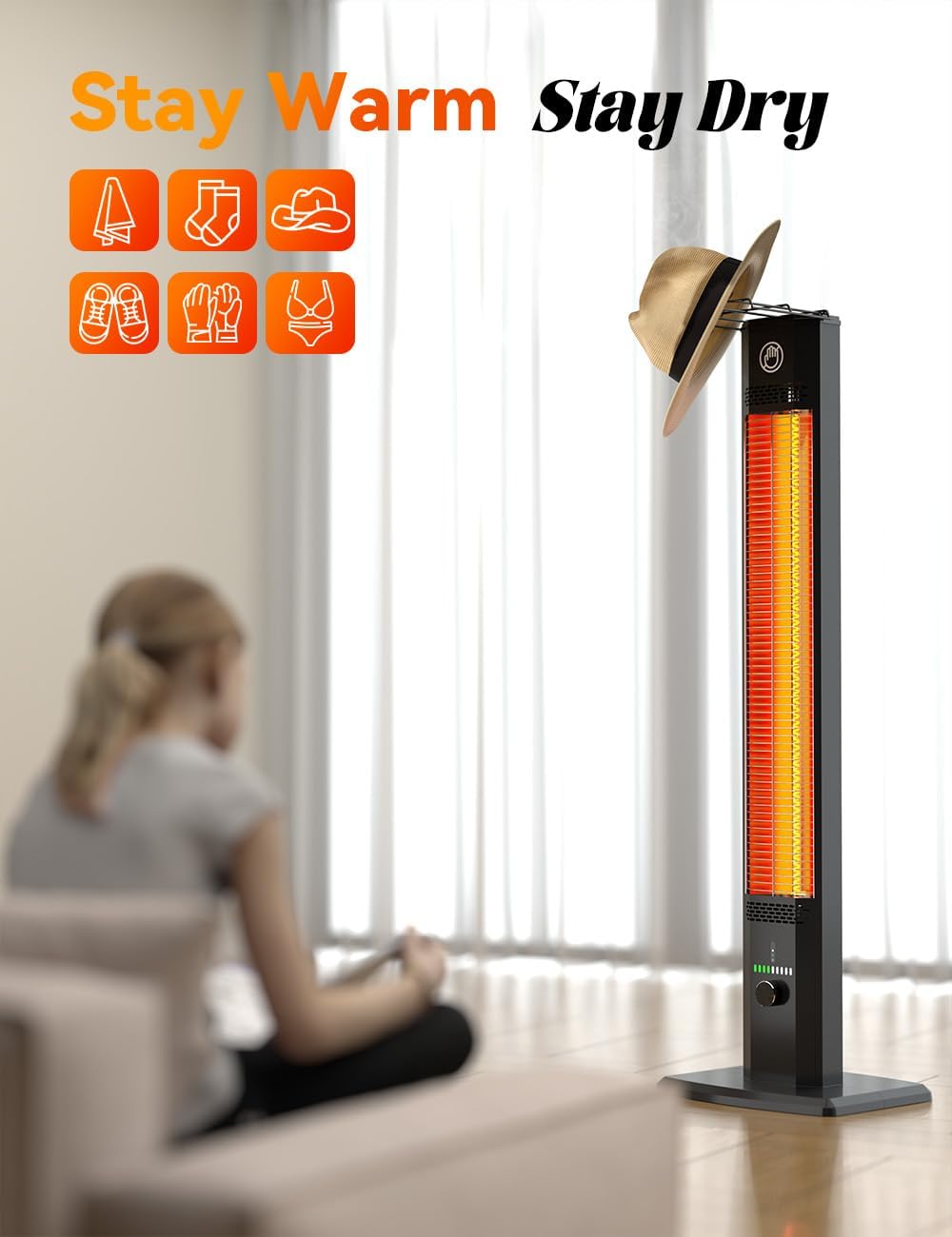 BALKO 42INCH Outdoor Heater, 9 Heat Levels & 540Min Timer, Child Safety Lock, IP65 Waterproof Garage Heater, 1500W Infrared Heating,Tip-Over & Overheat Protection, Patio Heaters for Outdoor Use Indoor