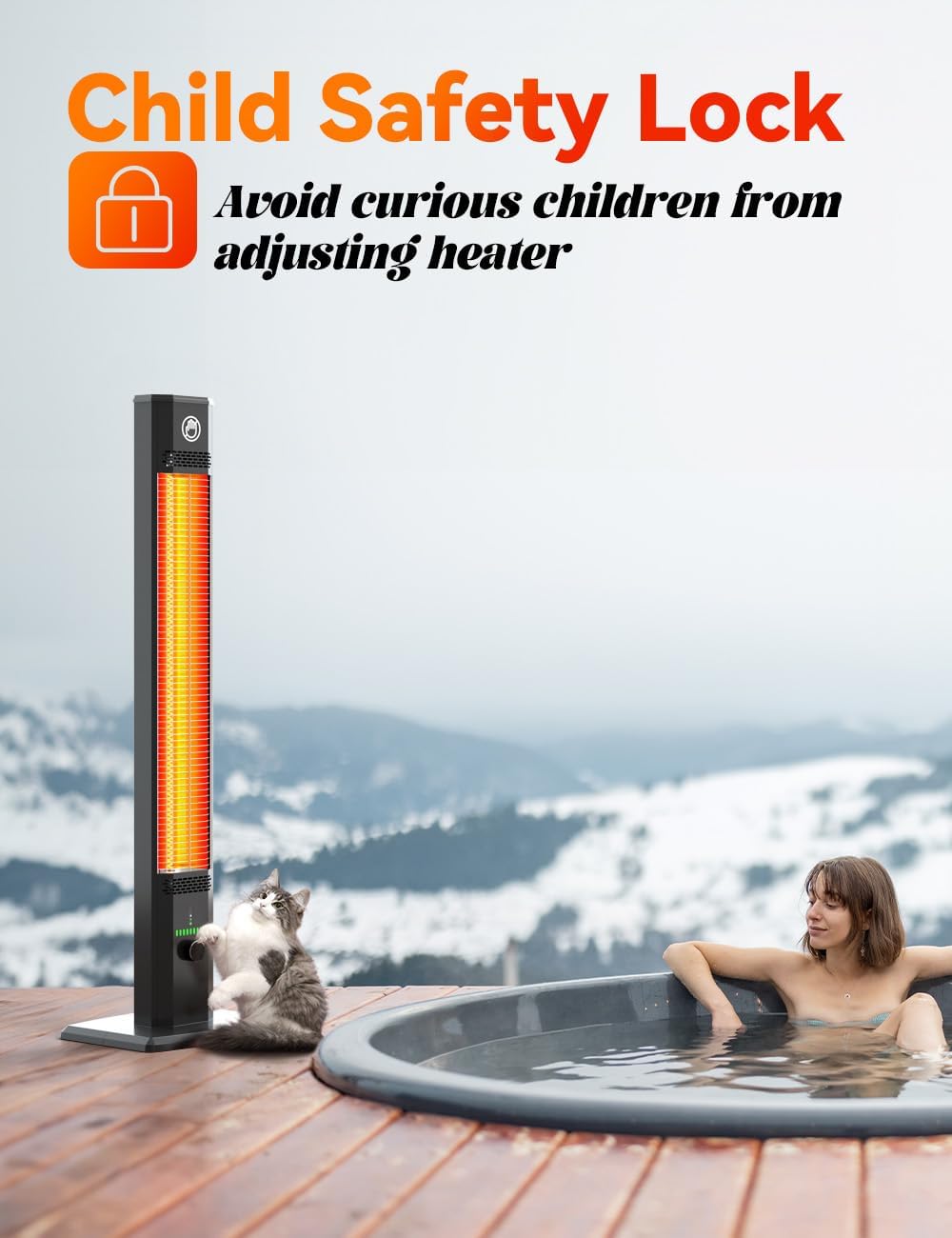 BALKO 42INCH Outdoor Heater, 9 Heat Levels & 540Min Timer, Child Safety Lock, IP65 Waterproof Garage Heater, 1500W Infrared Heating,Tip-Over & Overheat Protection, Patio Heaters for Outdoor Use Indoor