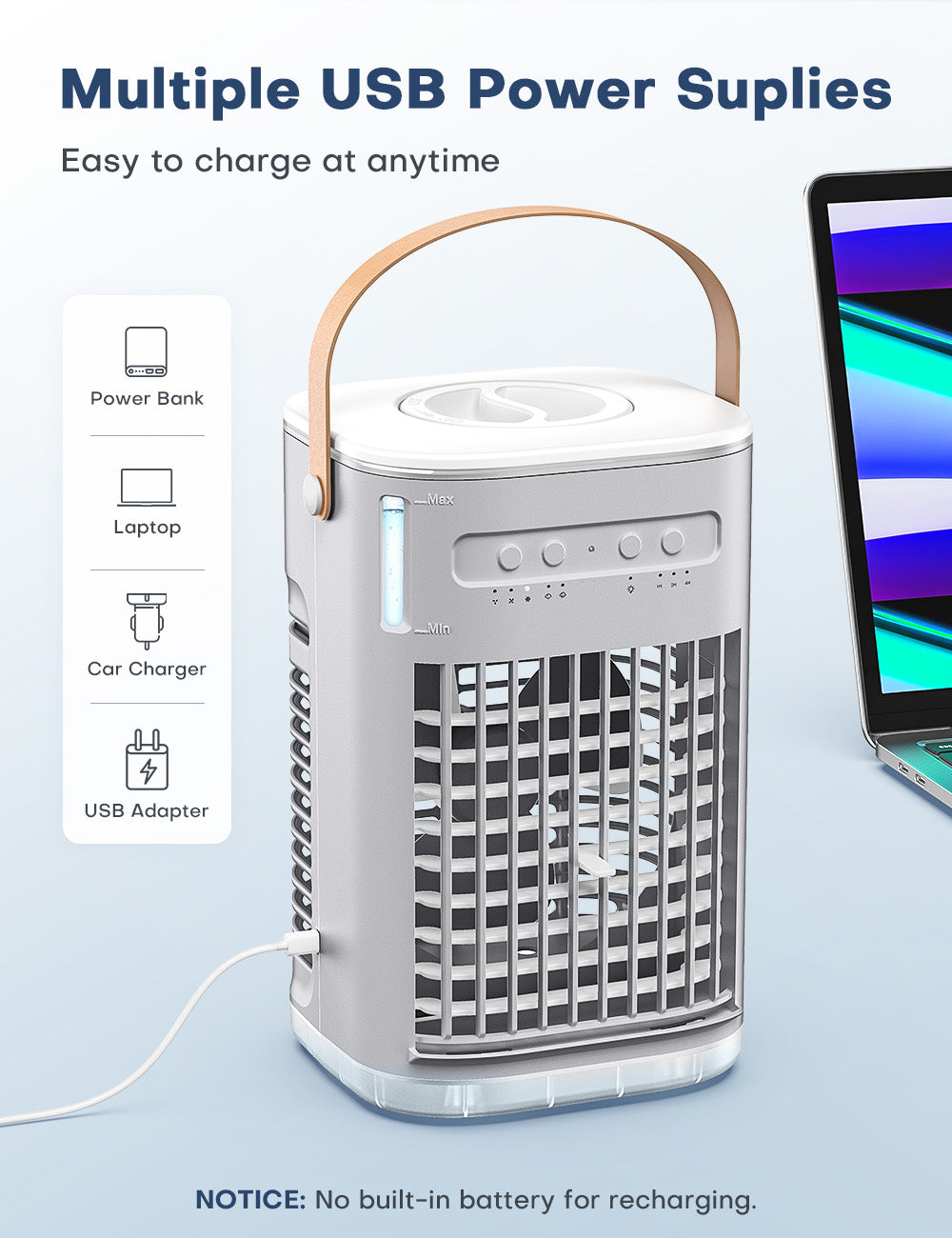 BALKO 3-IN-1 Personal Air Conditioner with Remote, 3 Speeds, 7-Color Night Light, USB Powered Small Air Cooler, Quiet & Powerful Cooling Fan, Mini Evaporative Air Cooler for Room Car Bedroom - Gray