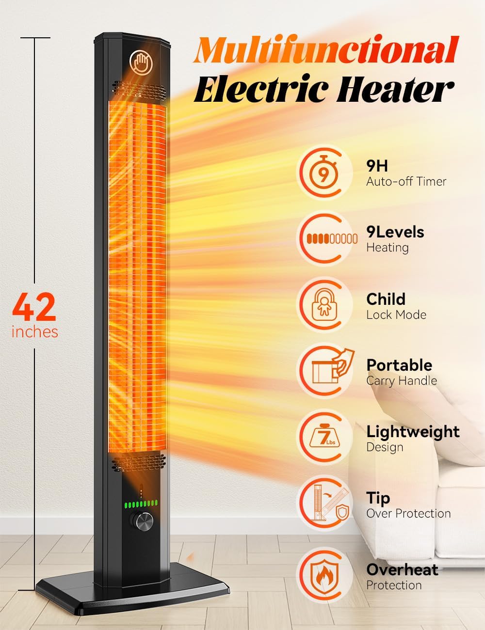 BALKO 42INCH Outdoor Heater, 9 Heat Levels & 540Min Timer, Child Safety Lock, IP65 Waterproof Garage Heater, 1500W Infrared Heating,Tip-Over & Overheat Protection, Patio Heaters for Outdoor Use Indoor