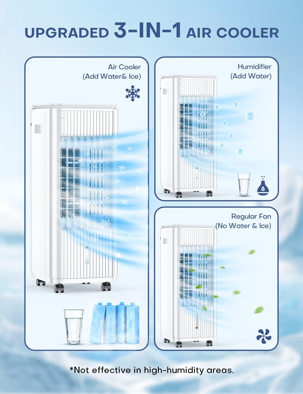BALKO Swamp Cooler Air Conditioner w/Double Tanks, Smart Timer, 3 Ice Packs, 25-INCH Evaporative Air Cooler, 60W Windowless Air Conditioner, 70ยฐ Oscillation,3-Speed Portable Air Conditioners for Room