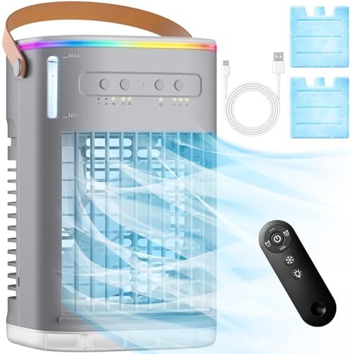 BALKO 3-IN-1 Personal Air Conditioner with Remote, 3 Speeds, 7-Color Night Light, USB Powered Small Air Cooler, Quiet & Powerful Cooling Fan, Mini Evaporative Air Cooler for Room Car Bedroom - Gray