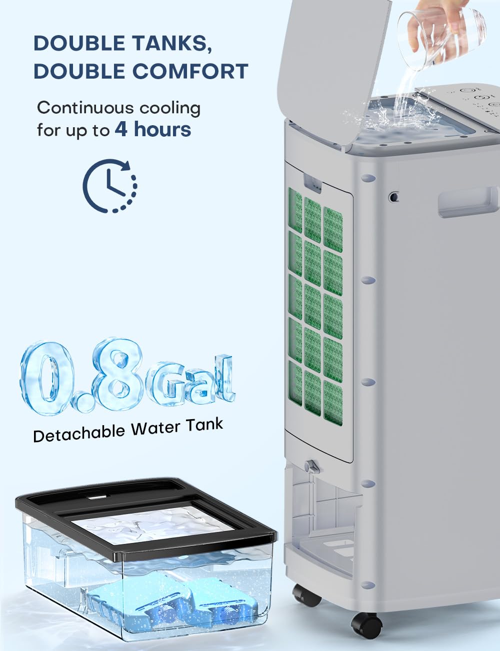 BALKO 25-INCH Evaporative Air Cooler, Swamp Cooler Air Conditioner w/Double Tanks, Smart Timer, 3 Ice Packs, 60W Windowless Air Conditioner, 70° Oscillation,3-Speed Portable Air Conditioners for Room